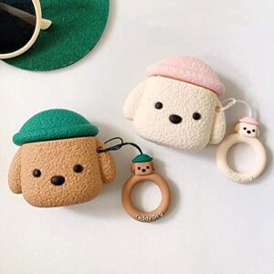 bontoujour airpods case, newest super cute creative pet hat teddy dog airpods case, puppy style soft silicone earphone protection skin for airpods1&2+hook -brown
