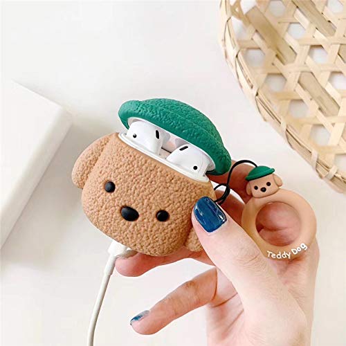 BONTOUJOUR AirPods Case, Newest Super Cute Creative Pet Hat Teddy Dog AirPods Case, Puppy Style Soft Silicone Earphone Protection Skin for AirPods1&2+Hook -Brown