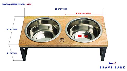 Brave Bark Wood & Metal Feeder - Premium Mango Wood Feeder with Metal Stand, 2 Stainless Steel Bowls for Food or Water Included, Perfect for Dogs, Cats and Pets of Any Size, for Home or Office (Large)