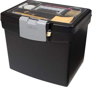 storex portable file storage box with translucent organizer storage lid- plastic office file storage box for letter paper and hanging folders, black, model number: 61504a01c