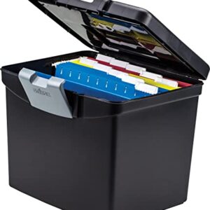 Storex Portable File Storage Box with Translucent Organizer Storage Lid- Plastic Office File Storage Box for Letter Paper and Hanging Folders, Black, Model Number: 61504A01C