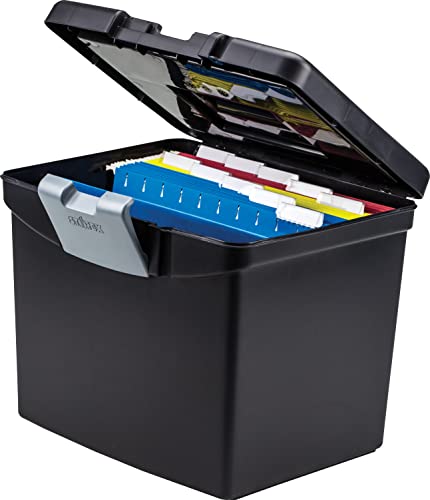 Storex Portable File Storage Box with Translucent Organizer Storage Lid- Plastic Office File Storage Box for Letter Paper and Hanging Folders, Black, Model Number: 61504A01C