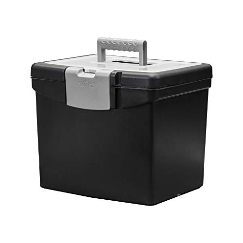 Storex Portable File Storage Box with Translucent Organizer Storage Lid- Plastic Office File Storage Box for Letter Paper and Hanging Folders, Black, Model Number: 61504A01C