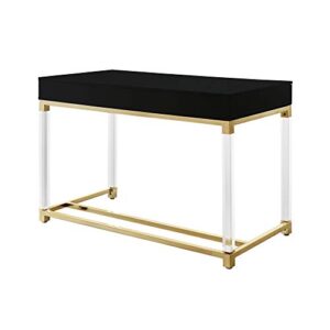 Casandra High Gloss 2 Drawers Writing Desk with Acrylic Legs and Gold Stainless Steel Base, Black/Gold