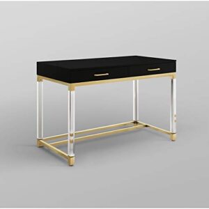 Casandra High Gloss 2 Drawers Writing Desk with Acrylic Legs and Gold Stainless Steel Base, Black/Gold