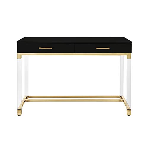 Casandra High Gloss 2 Drawers Writing Desk with Acrylic Legs and Gold Stainless Steel Base, Black/Gold