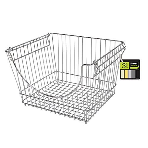 Smart Design Stacking Baskets with Handles - Set of 6 Large - Steel Metal Wire - Fruit Produce Vegetable Safe Storage Bin Organizer Pantry Counter Stand Rack - 12.5 x 8.5 Inch - Chrome