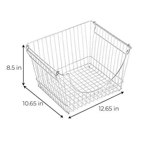 Smart Design Stacking Baskets with Handles - Set of 6 Large - Steel Metal Wire - Fruit Produce Vegetable Safe Storage Bin Organizer Pantry Counter Stand Rack - 12.5 x 8.5 Inch - Chrome