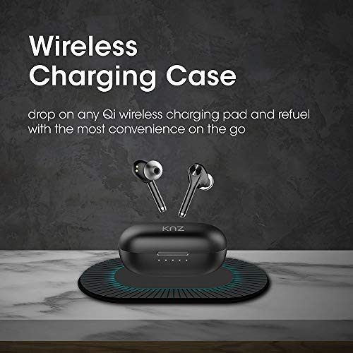 KNZ SoundMax Premium True Wireless Earphones with Qi Wireless Charging Case; Bluetooth 5 Earbuds with HD Sound Quality; Hands-Free Headset; Touch Control; Charging via USB Type-C or Wirless.