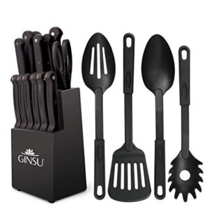 GINSU Kiso® Dishwasher Safe and Always Sharp, 18 Piece Black Knife Set with Black Block