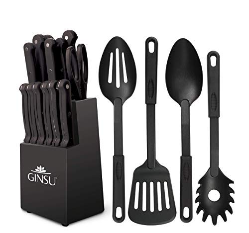 GINSU Kiso® Dishwasher Safe and Always Sharp, 18 Piece Black Knife Set with Black Block