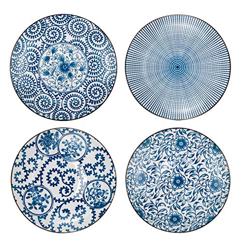 Foraineam Set of 4 Blue and White Porcelain Serving Plates Floral Dinner Shallow Plates Appetizer Salad Dessert Snack Plate Set