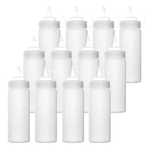 Bekith 12 pack 12 Oz Plastic Squeeze Condiment Bottles with Twist On Cap Lids and Discrete Measurements, Wide Mouth Empty Squirt Bottle For Sauce, Ketchup, BBQ, Dressing, Paint, Pancake Art Dispenser