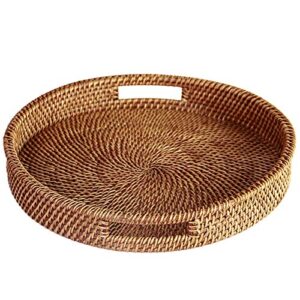 Hot Rattan Tray with Handle Hand-Woven Multi-Purpose Wicker Tray with Durable Rattan Fiber Round 14.2Inch Diameter