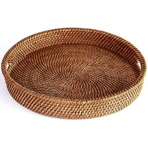 Hot Rattan Tray with Handle Hand-Woven Multi-Purpose Wicker Tray with Durable Rattan Fiber Round 14.2Inch Diameter