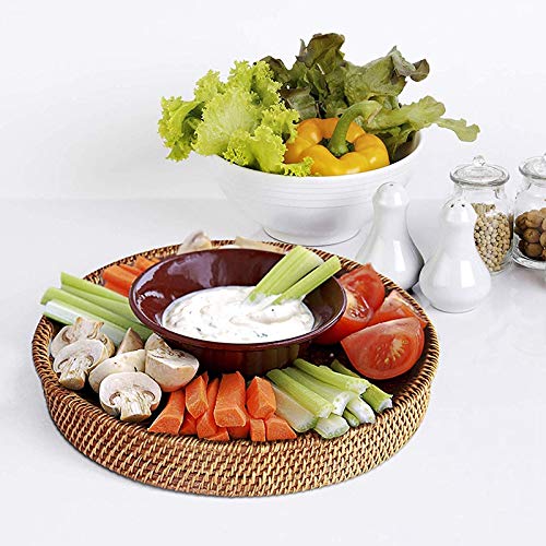 Hot Rattan Tray with Handle Hand-Woven Multi-Purpose Wicker Tray with Durable Rattan Fiber Round 14.2Inch Diameter