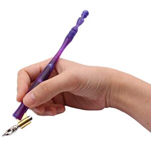 Xiaoyu Calligraphy Oblique Nib Pen Holder, English Calligraphy Pen Nib Holder, Resin Dip Pen Handle Nib Holder with 5 Flat Nibs, Blue and Pruple
