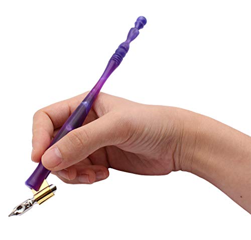 Xiaoyu Calligraphy Oblique Nib Pen Holder, English Calligraphy Pen Nib Holder, Resin Dip Pen Handle Nib Holder with 5 Flat Nibs, Blue and Pruple