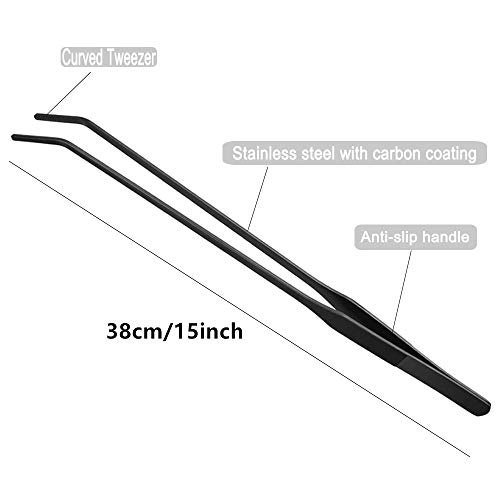 EvaGO 15 inch Black Curved Aquarium Tweezers Stainless Steel Curved Tweezer with Carbonation Protection Coating Against Rust Long Reptiles Feeding Tongs for Aquatic Plants Lizards Spider Snakes