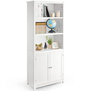 tangkula bookcase with doors, 3 tier open book shelving, standing wooden display bookcase with double doors, ideal for home bedroom, living room, office, library with doors, white finish (white)