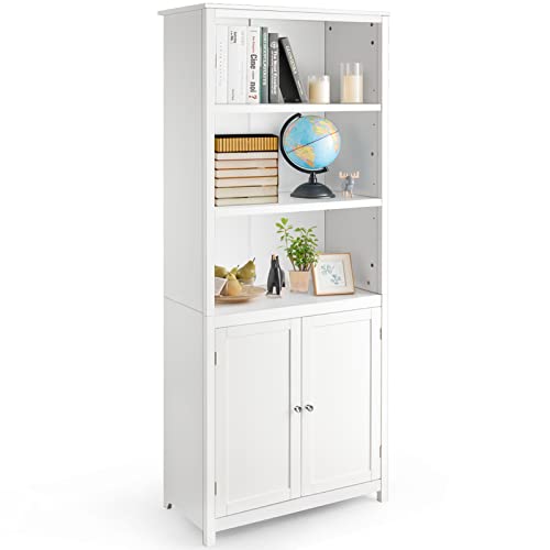 Tangkula Bookcase with Doors, 3 Tier Open Book Shelving, Standing Wooden Display Bookcase with Double Doors, Ideal for Home Bedroom, Living Room, Office, Library with Doors, White Finish (White)