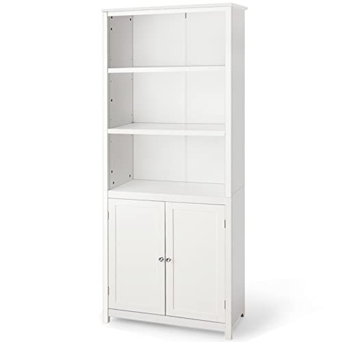 Tangkula Bookcase with Doors, 3 Tier Open Book Shelving, Standing Wooden Display Bookcase with Double Doors, Ideal for Home Bedroom, Living Room, Office, Library with Doors, White Finish (White)