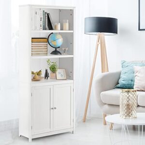 Tangkula Bookcase with Doors, 3 Tier Open Book Shelving, Standing Wooden Display Bookcase with Double Doors, Ideal for Home Bedroom, Living Room, Office, Library with Doors, White Finish (White)