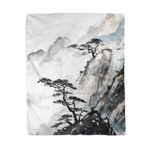 rouihot 50x60 inches throw blanket pink japanese chinese landscape painting china ink mountain tree warm cozy print flannel home decor comfortable blanket for couch sofa bed