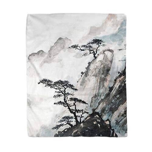 rouihot 50x60 Inches Throw Blanket Pink Japanese Chinese Landscape Painting China Ink Mountain Tree Warm Cozy Print Flannel Home Decor Comfortable Blanket for Couch Sofa Bed