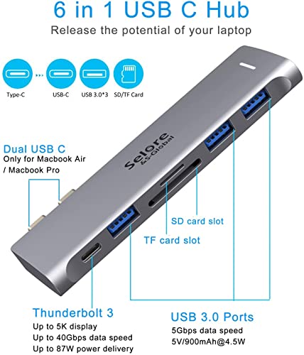 USB C Adapter for MacBook Pro/MacBook Air M1 M2 2021 2020 2019 2018 13" 15" 16", 6 in 1 USB-C Hub MacBook Pro Accessories with 3 USB 3.0 Ports,USB C to SD/TF Card Reader and 100W Thunderbolt 3 PD Port