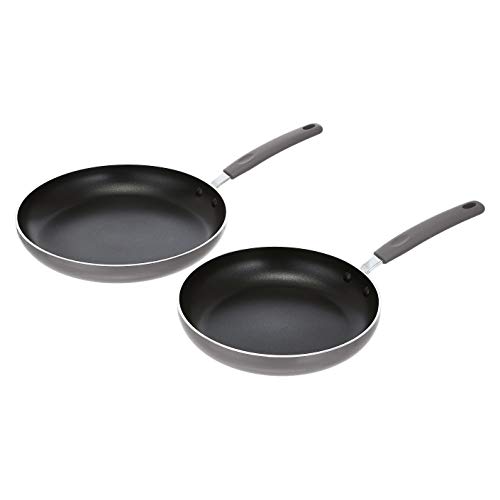 Amazon Basics Nonstick Frying Pan 2 Piece Set - 9.5 Inch and 11 Inch Skillet, Nano-ceramic Fry Pan Set, Soft Silicone Handle - PFOA&BPA Free, Gray