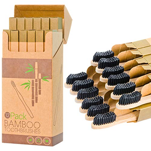 12 Individual Pack Premium Bamboo Toothbrush-All Natural Organic Waveform Toothbrushes with Charcoal Infused BPA Free Medium Bristles, Teeth Whitening, Biodegradable Eco Friendly, Vegan, Kooler-Things