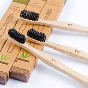 12 Individual Pack Premium Bamboo Toothbrush-All Natural Organic Waveform Toothbrushes with Charcoal Infused BPA Free Medium Bristles, Teeth Whitening, Biodegradable Eco Friendly, Vegan, Kooler-Things