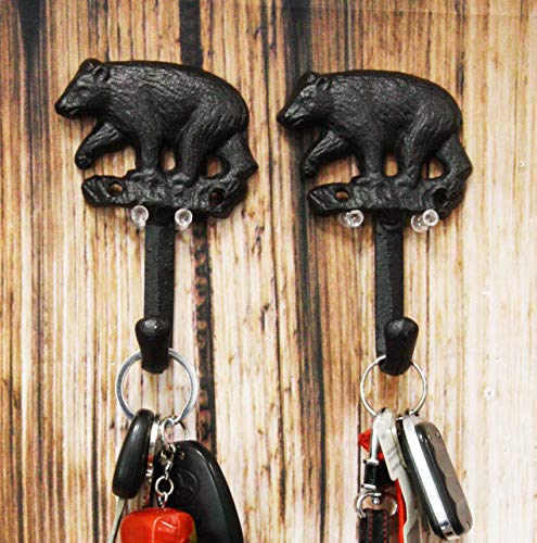 Ebros Set of 2 Rustic Whimsical Forest Black Bear Roaming The Woodlands Cast Iron Wall Hooks 5" High Western Bears Themed Hanging Mount Hook for Coats Hats Keys Leashes Backpacks Decor Sculpture