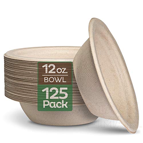 100% Compostable 12 oz. Paper Bowls [125-Pack] Heavy-Duty Quality Natural Disposable Bagasse, Eco-Friendly Biodegradable Made of Sugar Cane Fibers