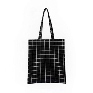 hooshing canvas tote bag cute plaid reusable 100% cotton with zipper and inside pocket black