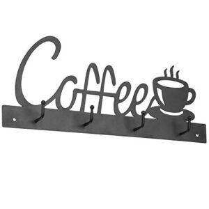 MyGift Black Metal Coffee Mug Rack Wall Mounted Holder with 4 Hooks and Coffee Word Sign and Cup Cutout Design