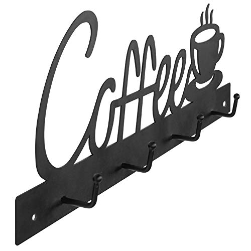 MyGift Black Metal Coffee Mug Rack Wall Mounted Holder with 4 Hooks and Coffee Word Sign and Cup Cutout Design