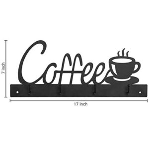 MyGift Black Metal Coffee Mug Rack Wall Mounted Holder with 4 Hooks and Coffee Word Sign and Cup Cutout Design