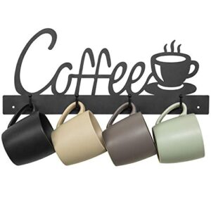 MyGift Black Metal Coffee Mug Rack Wall Mounted Holder with 4 Hooks and Coffee Word Sign and Cup Cutout Design