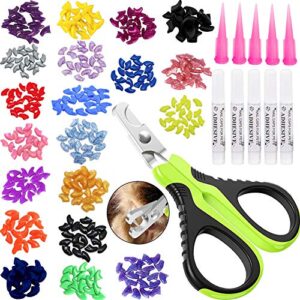 victhy 100pcs cat nail caps with clipper set, pet cat nail clipper cat soft claws nail covers for cat claws with adhesive and applicators medium size ( 5 colors)