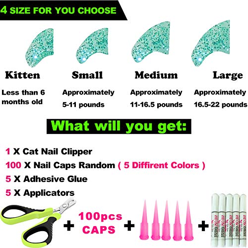 VICTHY 100pcs Cat Nail Caps with Clipper Set, Pet Cat Nail Clipper Cat Soft Claws Nail Covers for Cat Claws with Adhesive and Applicators Medium Size ( 5 COLORS)