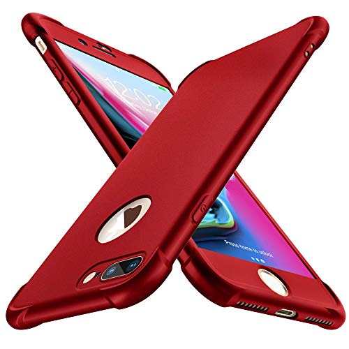 ORETECH Designed Case with [2 x Tempered Glass Screen Protector] 360° Full Body Hard PC Silicone Case for iPhone 7 Plus iPhone 8 Plus 5.5inch -Red