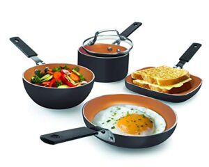 gotham steel mini stackmaster 5 piece cookware set – nonstick personal sized fry pan, sauce pan, wok and grill/griddle pan, nests for easy storage, dishwasher safe
