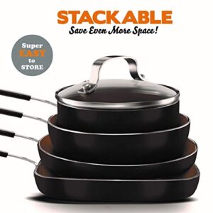 Gotham Steel Mini Stackmaster 5 Piece Cookware Set – Nonstick Personal Sized Fry Pan, Sauce Pan, Wok and Grill/Griddle Pan, Nests for Easy Storage, Dishwasher Safe