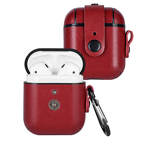 Wilken Apple AirPod Case with AirPod Cleaning Kit | Top Grain Leather Wrapped AirPod Case with Snap Closure System (Red)