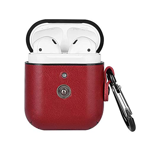 Wilken Apple AirPod Case with AirPod Cleaning Kit | Top Grain Leather Wrapped AirPod Case with Snap Closure System (Red)