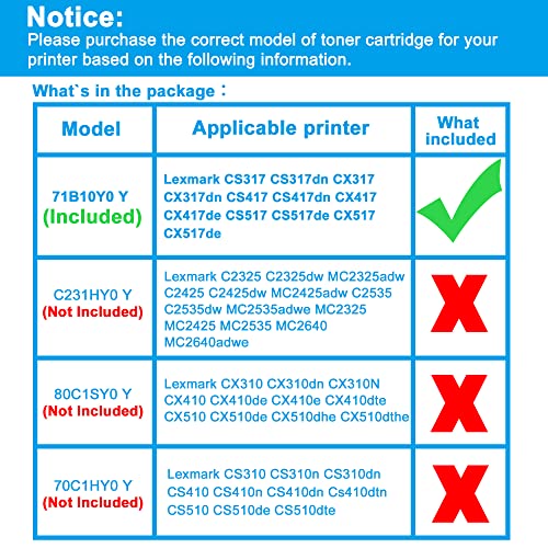 LCL Remanufctured Toner Cartridge Replacement for Lexmark 71B0040 71B10Y0 CS317dn CS317 CS317dn CX317 CX317dn CS417 CS417dn CX417 CX417de CS517 CS517de CX517 CX517de (1-Pack Yellow) Toner