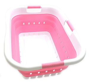 sammart 41l collapsible 3 handled plastic laundry basket - foldable pop up storage container/organizer - portable washing tub - space saving hamper/basket (3 handled rectangular, white/pink)