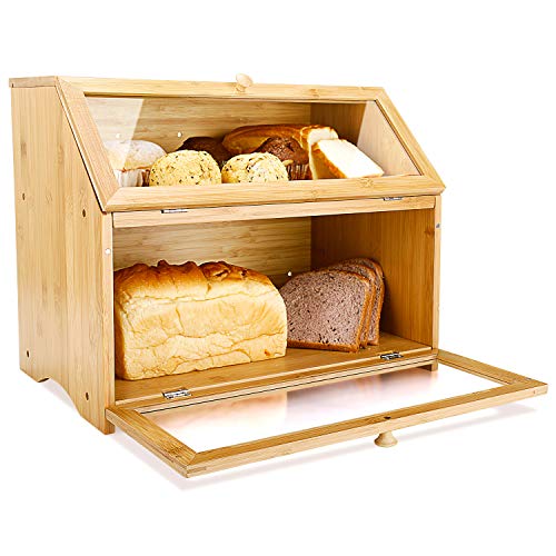 HOMEKOKO Double Layer Large Bread Box for Kitchen Counter, Wooden Large Capacity Bread Storage Bin (Natural Bamboo)